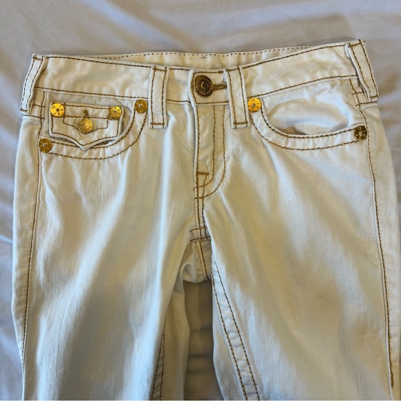 True Religion Joey Big T Y2K Gold Embroidered Flare White Denim Jeans Size 26 - Picture 5 of 14